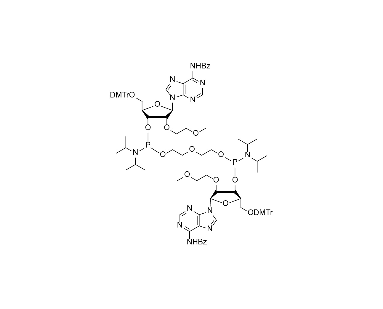 Chemical structure of the oxybis(ethylene)-linked bis(phosphoramidite) of 5'-O-DMTr-2'-O-MOE-rA(Bz)