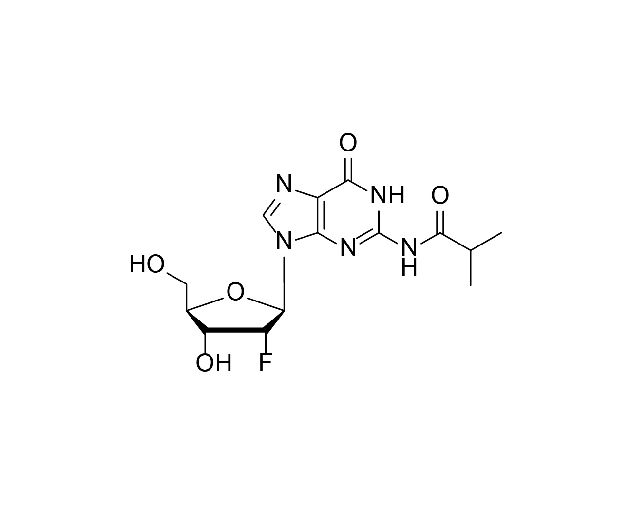 Chemical structure of N2-isobutyryl-2'-fluoro-2'-deoxyguanosine