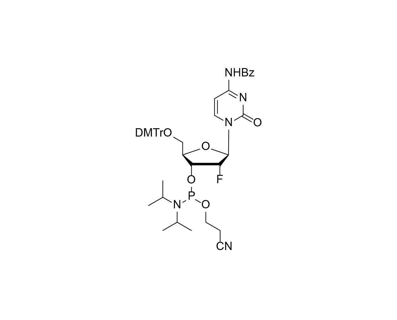 Chemical structure of DMTr-2'-F-dC(Bz)-3'-CE-Phosphoramidite
