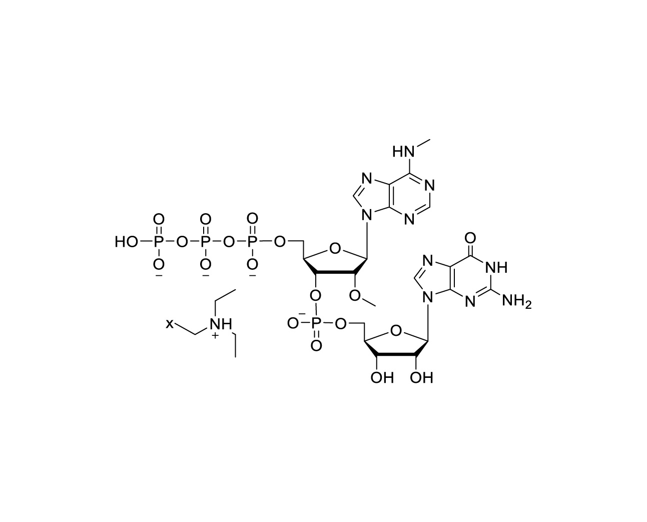 Chemical structure of (2'OMe-5'ppp-m6A)pG TEA Salt