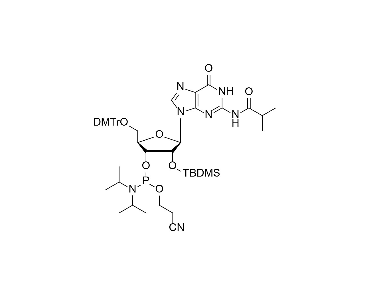 Chemical structure of DMTr-2'-O-TBDMS-rG(iBu)-3'-CE-Phosphoramidite
