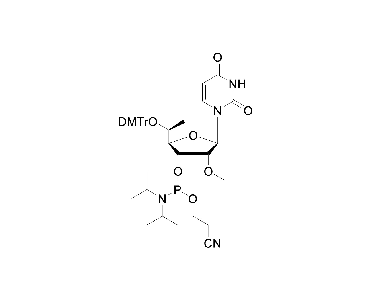 Chemical structure of 5'-O-DMTr-(5'S)-5'-C-methyl-2'-O-methyluridine-3'-CE phosphoramidite
