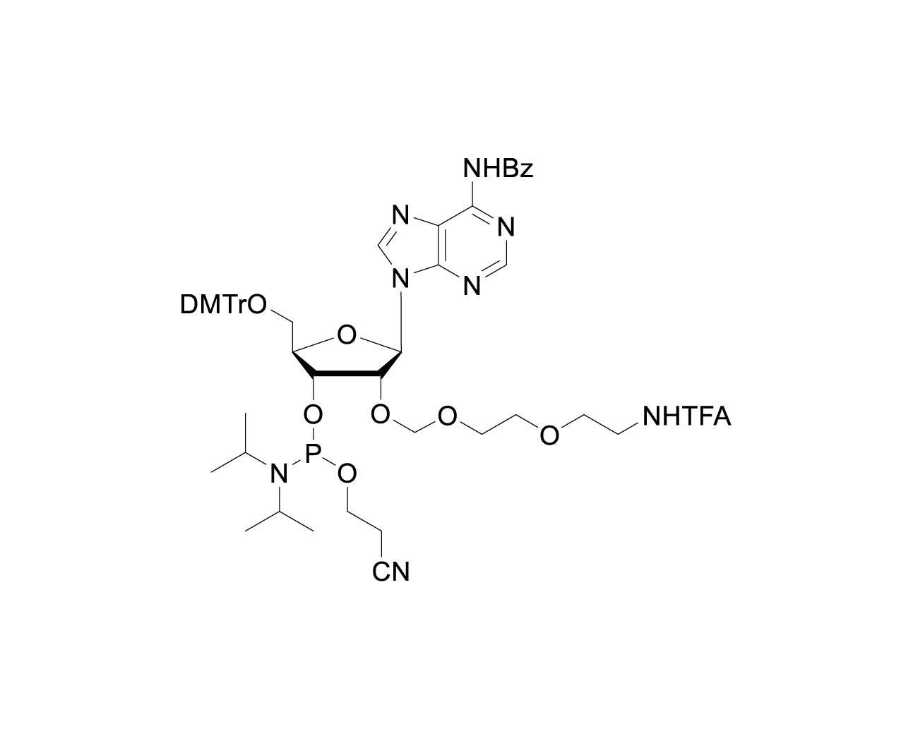 Chemical structure of DMTr-2'-O-[2-(TFA)aminoethoxymethyl]-rA(Bz)-3'-CE-Phosphoramidite