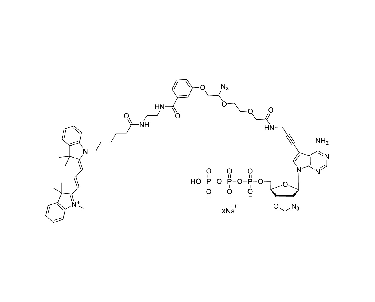 Chemical structure of Cy3-linker-PA-3'-O-azidomethyl-dATP Sodium Salt