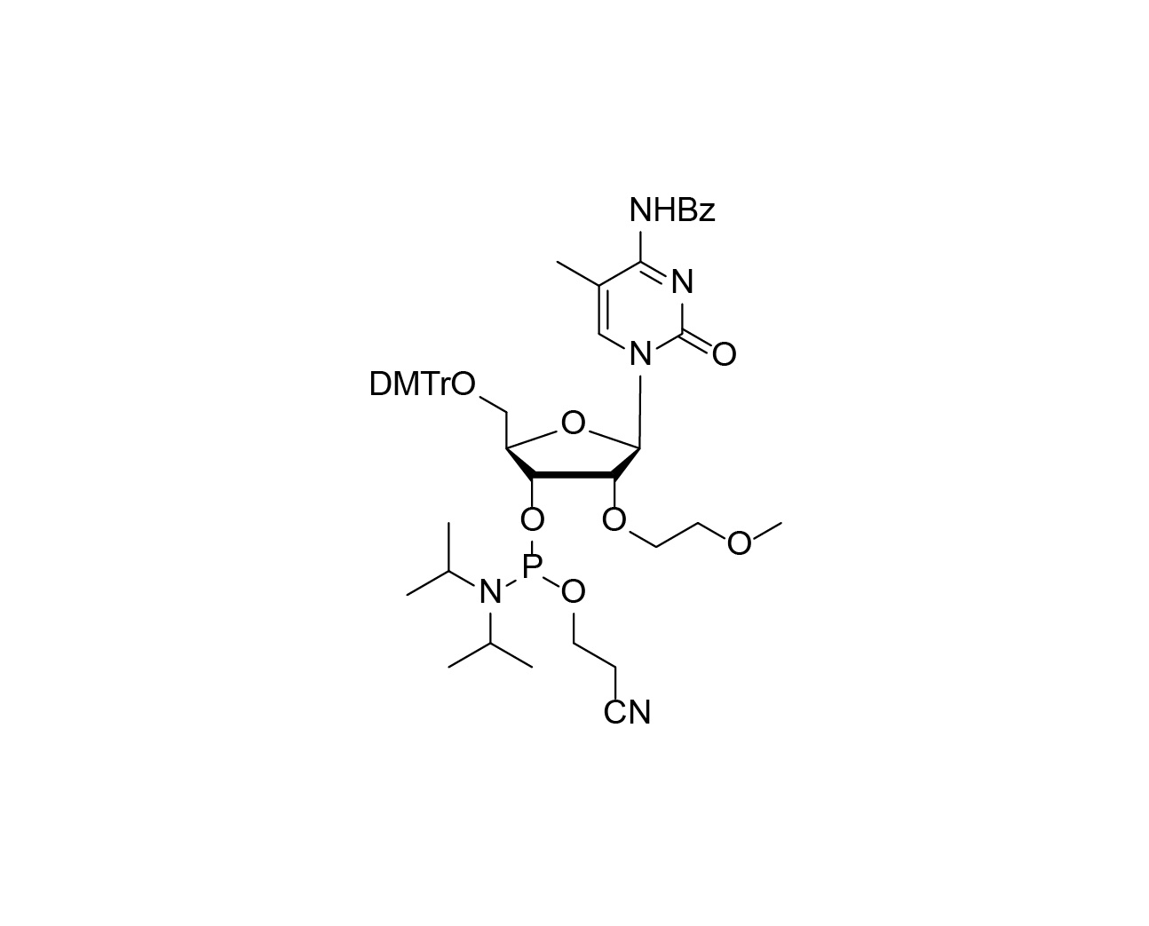 Chemical structure of DMTr-2'-O-MOE-5-Me-rC(Bz)-3'-CE-Phosphoramidite
