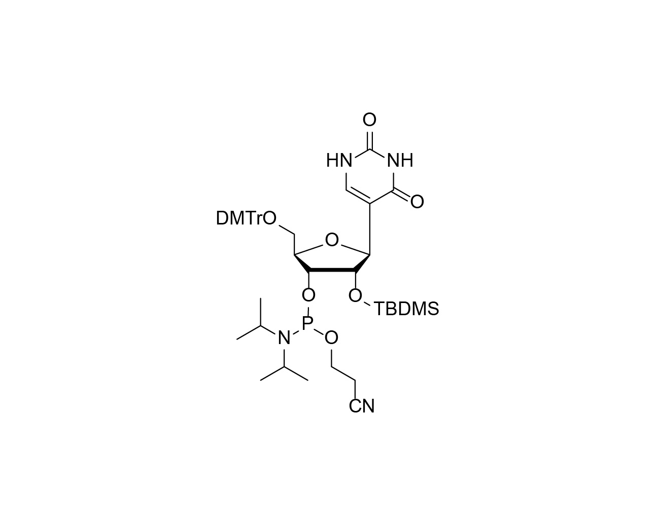 Chemical structure of DMTr-2'-O-TBDMS-pseudoU-3'-CE-Phosphoramidite