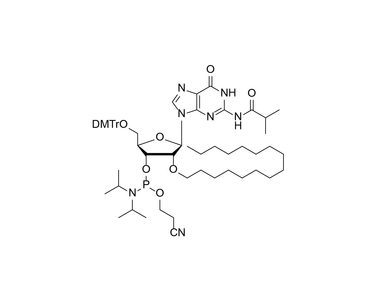 Chemical structure of DMTr-2'-O-C16-rG(iBu)-3'-CE-Phosphoramidite