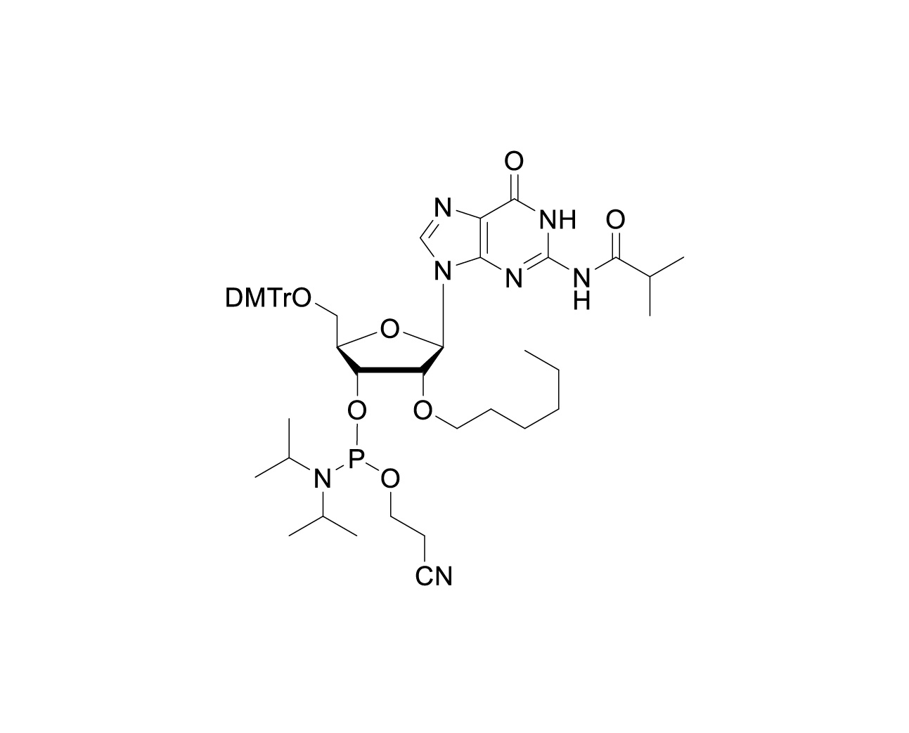 Chemical structure of DMTr-2'-O-C6-rG(iBu)-3'-CE-Phosphoramidite
