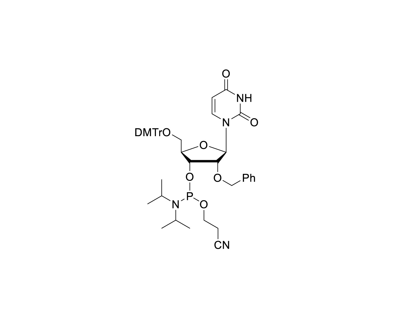 Chemical structure of DMTr-2'-O-Bn-rU-3'-CE-Phosphoramidite