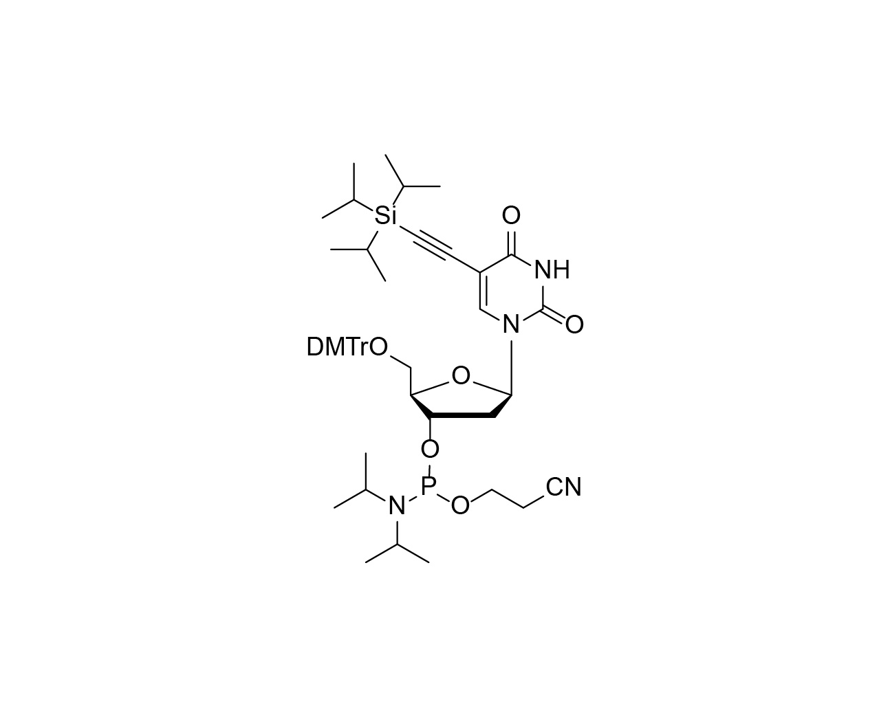Chemical structure of DMTr-5-Ethynyl-TIPS-dU-3'-CE-Phosphoramidite