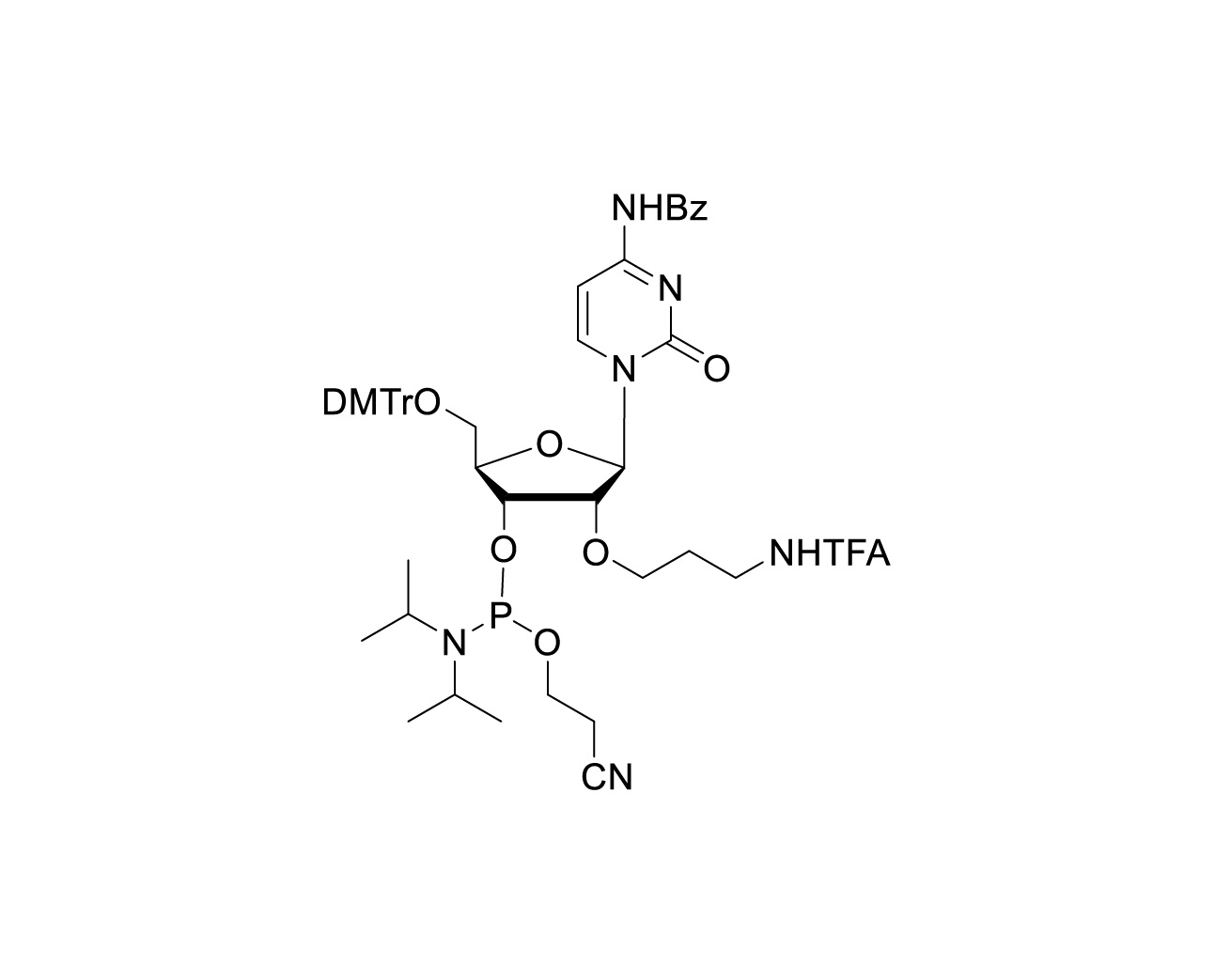 Chemical structure of DMTr-2'-O-Trifluoroacetamido propyl-rC(Bz)-3'-CE-Phosphoramidite