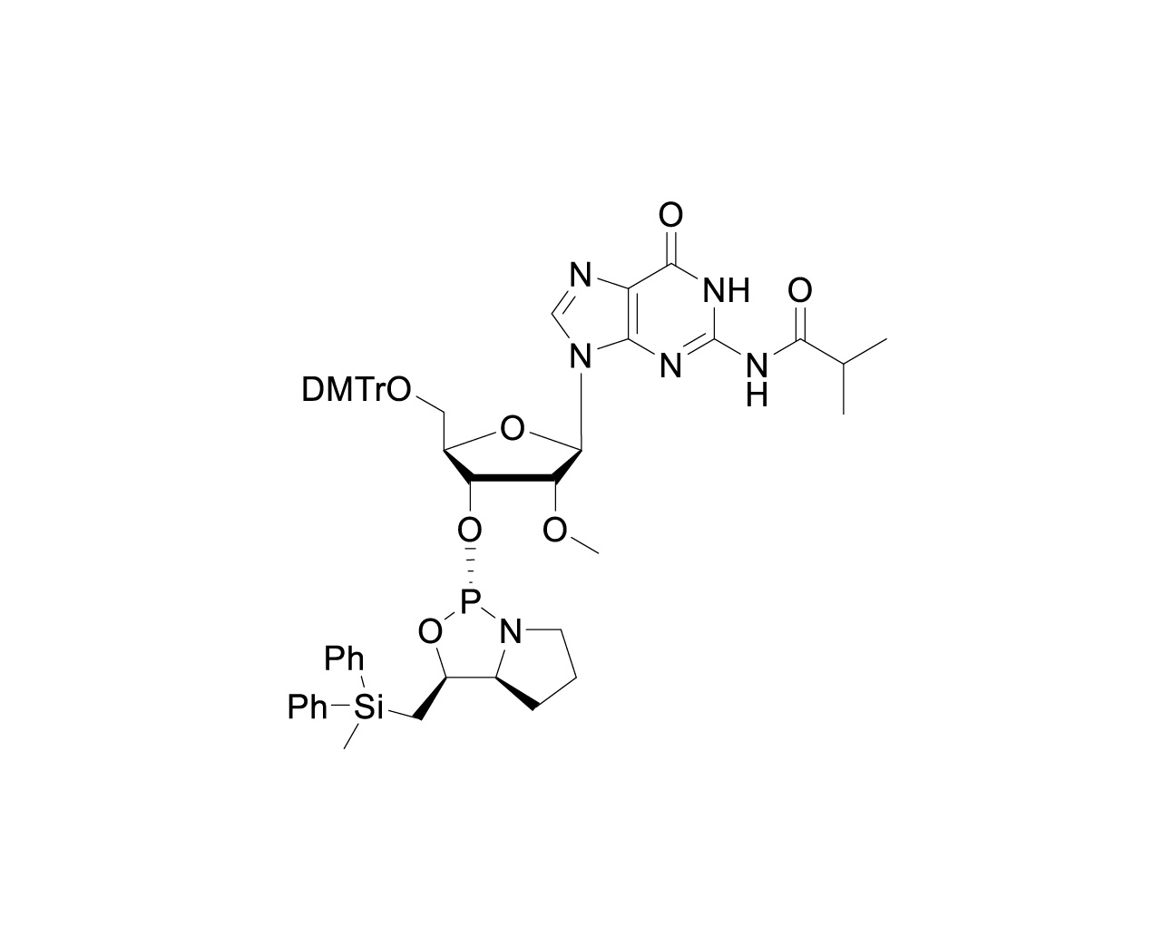 Chemical structure of 5'-O-DMTr-2'-O-Me-N2-isobutyrylguanosine-3'-(L)-DPSE phosphoramidite