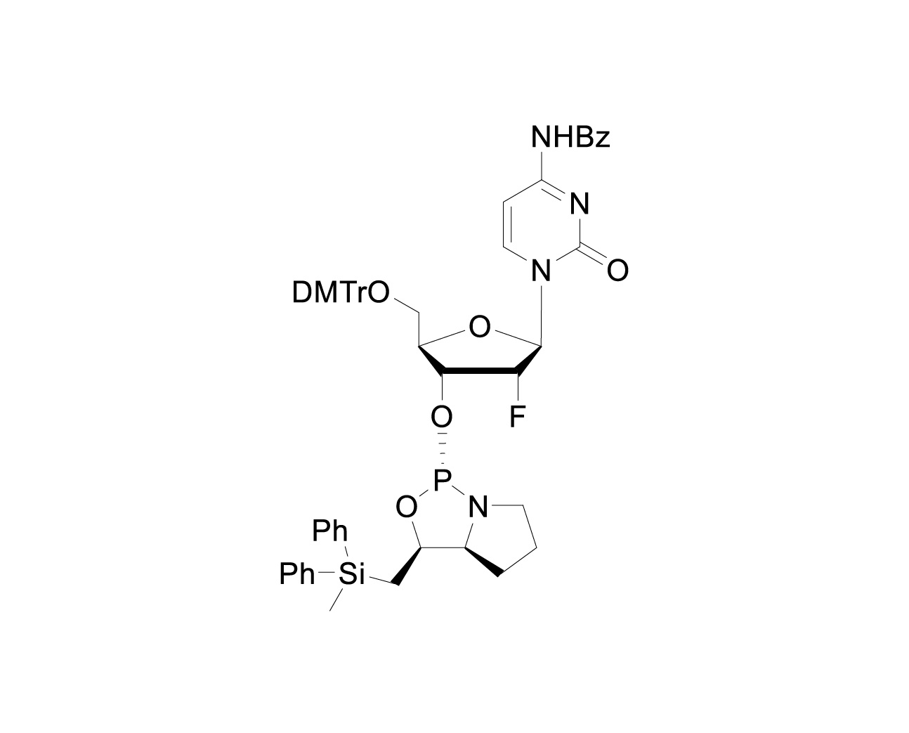 Chemical structure of DMTr-2'-F-dC(Bz)-3'-(L)-DPSE-Phosphoramidite