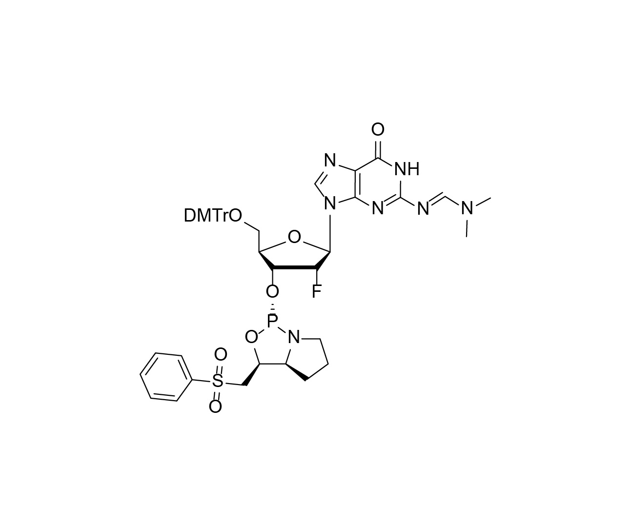Chemical structure of DMTr-2'-F-dG(dmf)-3'-(L)-PSM-Phosphoramidite