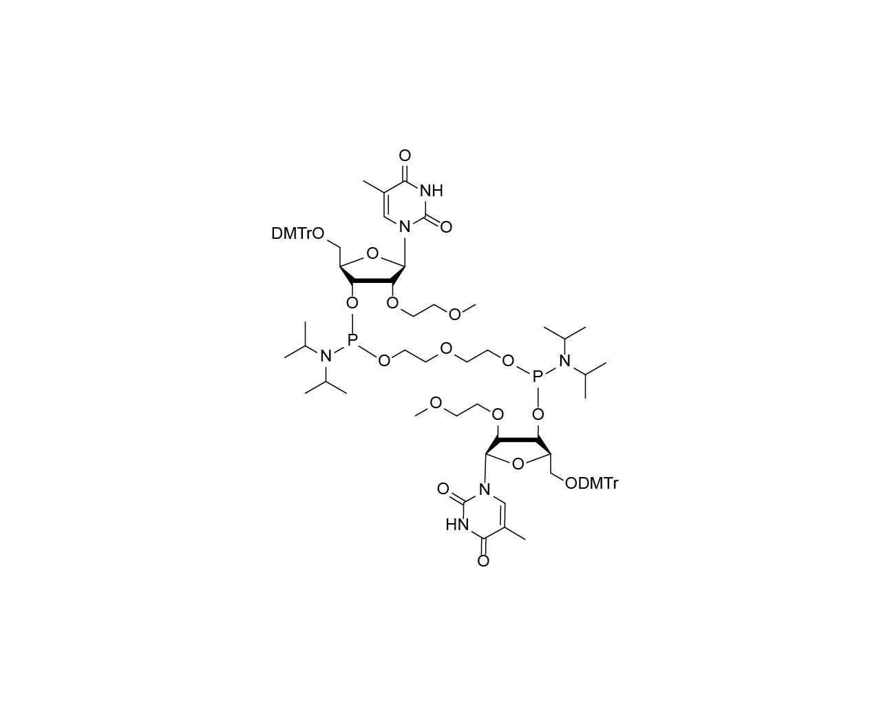 Chemical structure of the oxybis(ethylene)-linked bis(phosphoramidite) of 5'-O-DMTr-2'-O-MOE thymidine