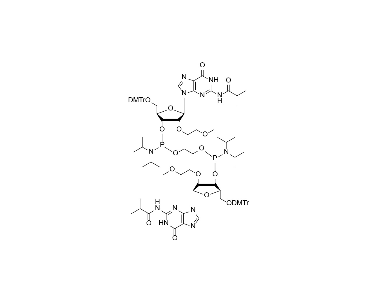 Chemical structure of the ethane-linked bis(phosphoramidite) of 5'-O-DMTr-2'-O-MOE-rG(iBu)