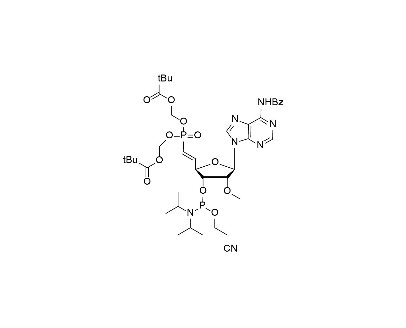 Chemical structure of Bis(POM)-(E)-5'-vinylphosphonate-2'-O-Me-rA(Bz)-3'-CE-Phosphoramidite