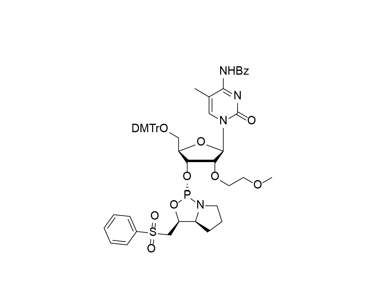 Chemical structure of DMTr-2'-O-MOE-5-Me-rC(Bz)-3'-(L)-PSM-Phosphoramidite