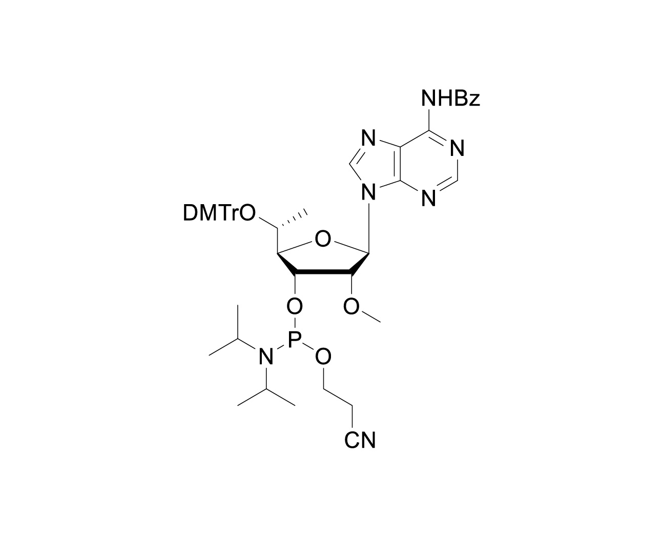 Chemical structure of 5'-O-DMTr-(5'R)-5'-C-methyl-2'-O-methyl-N6-benzoyladenosine-3'-CE phosphoramidite