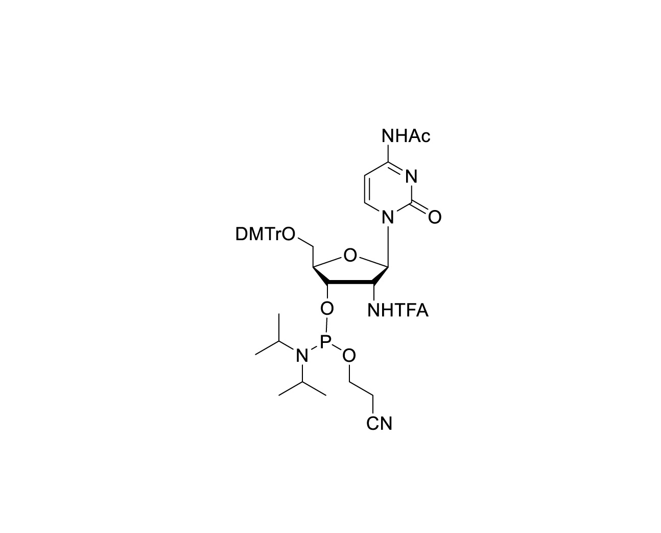 Chemical structure of 5'-O-DMTr-2'-Trifluoroacetamido-C(Ac)-3'-CE-Phosphoramidite