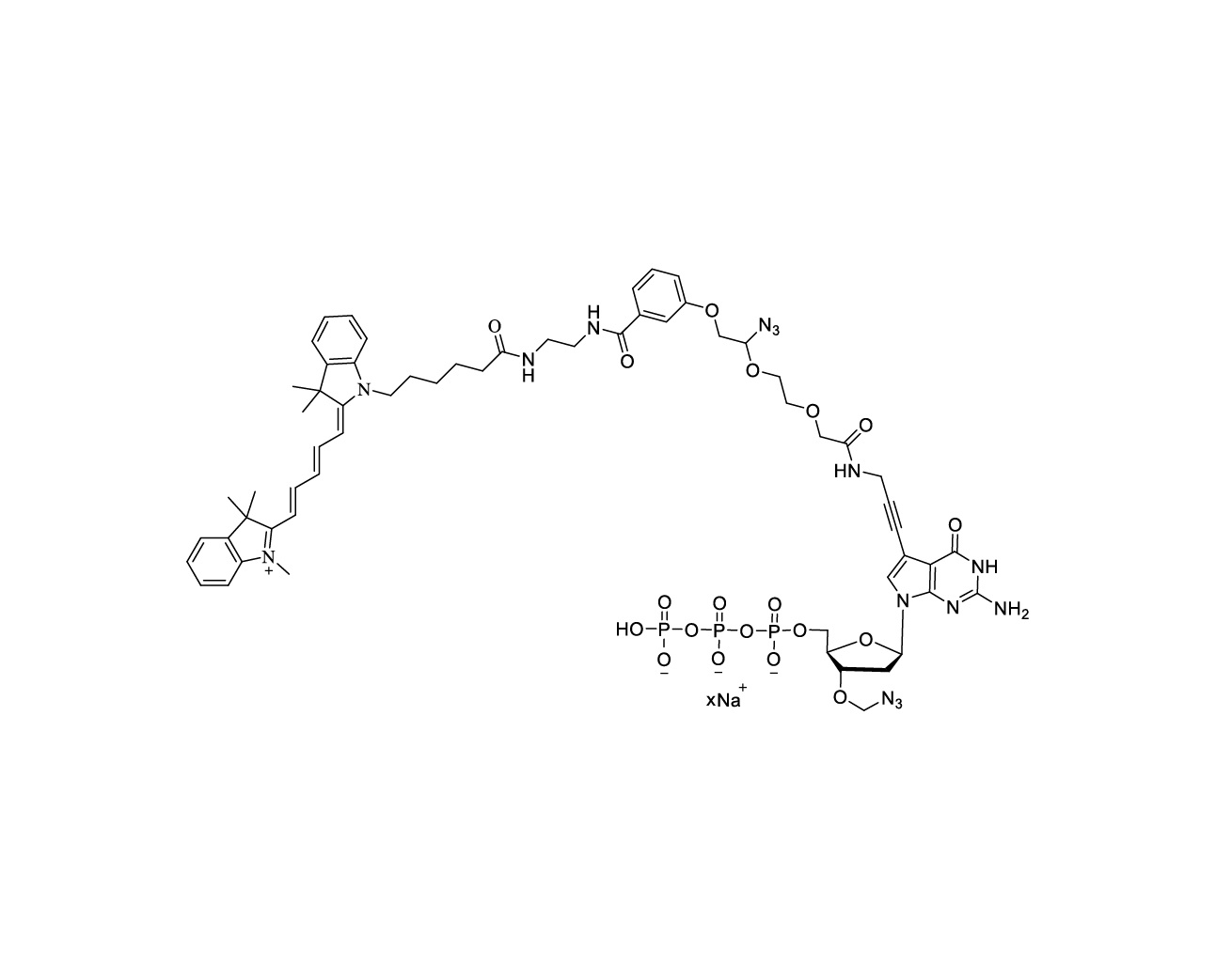 Chemical structure of Cy5-linker-PA-3'-O-azidomethyl-dGTP Sodium Salt