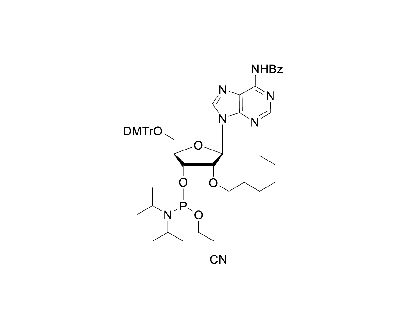 Chemical structure of DMTr-2'-O-C6-rA(Bz)-3'-CE-Phosphoramidite
