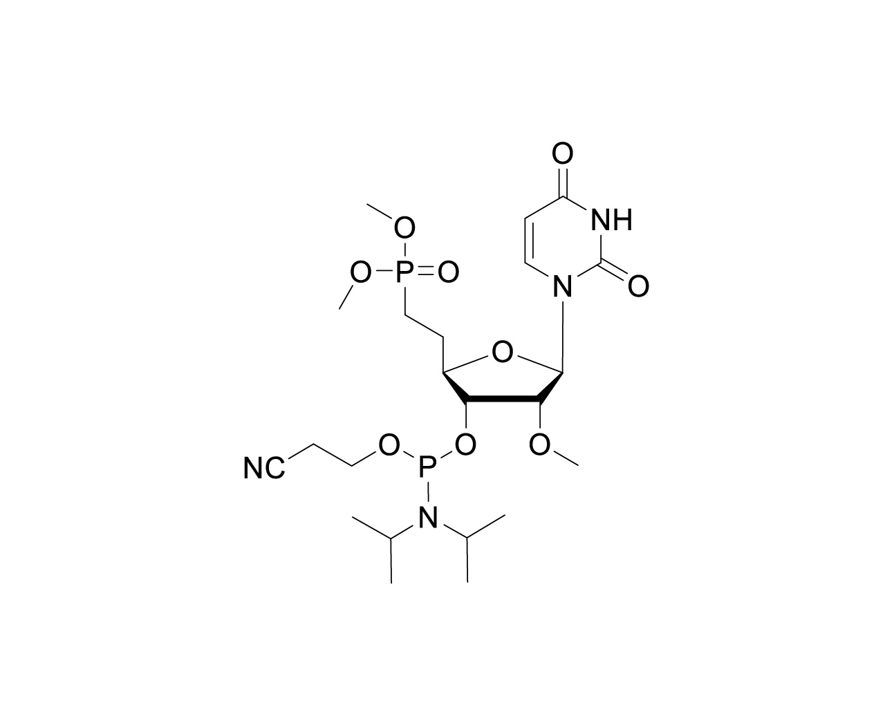 Chemical structure of 5'-Deoxy-5'-[(dimethoxyphosphoryl)methyl]-2'-O-methyluridine-3'-CE-Phosphoramidite
