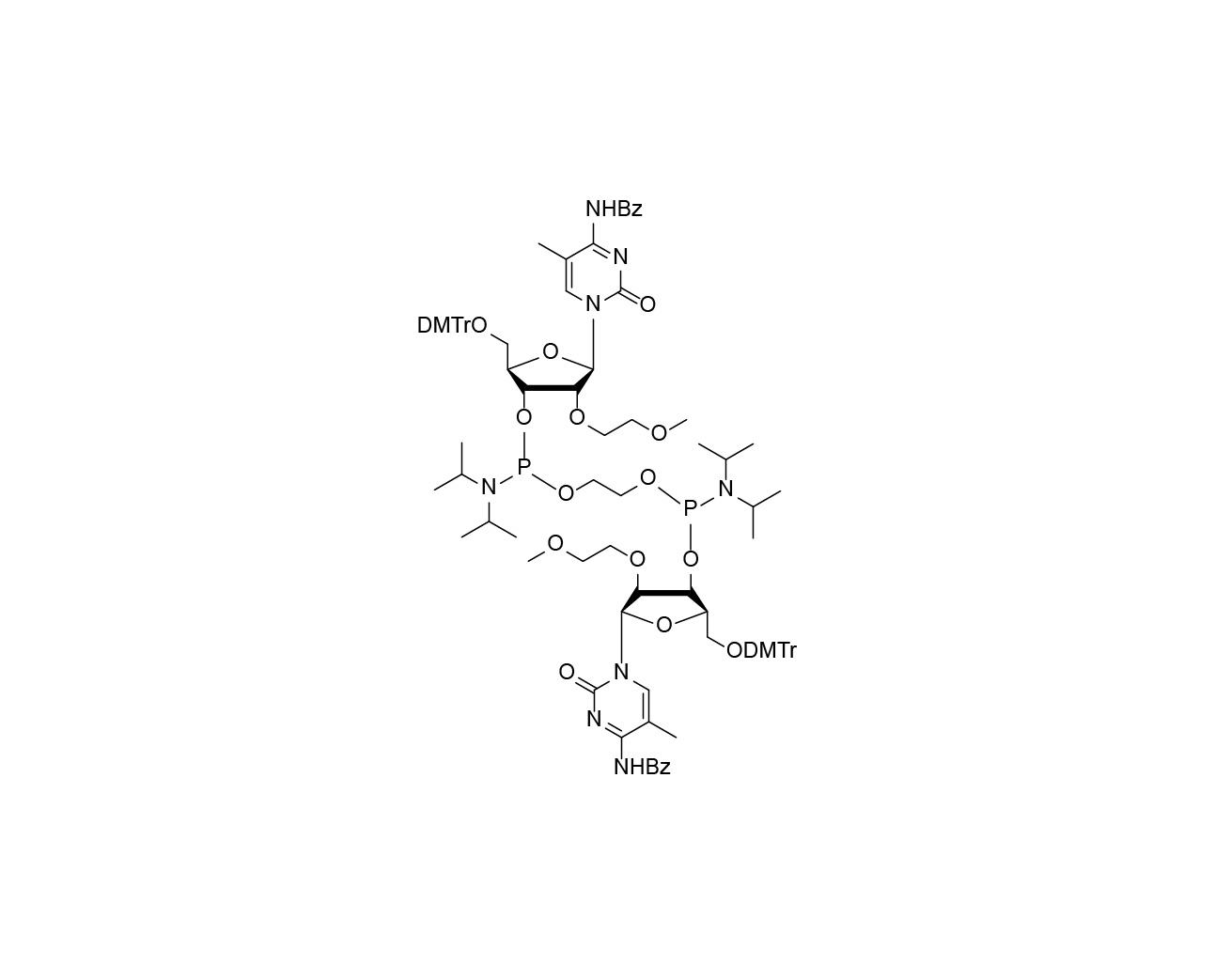 Chemical structure of ethane-1,2-di(5'-O-DMTr-2'-O-MOE-5-Me-rC(Bz)-3'-oxy)-bis(diisopropylphosphoramidite)