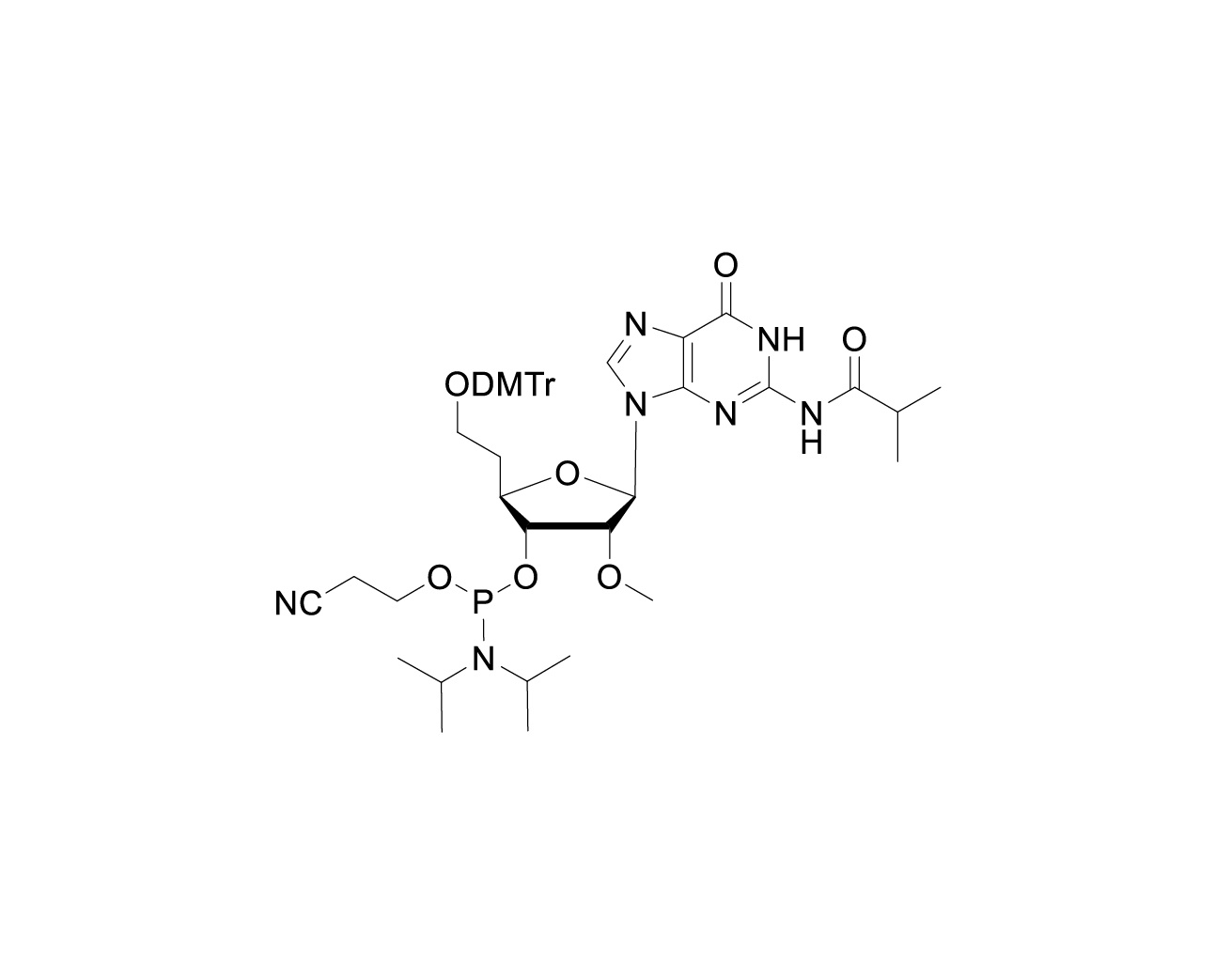 Chemical structure of 6'-O-DMTr-2'-O-Me-5'-Homo-G(iBu)-3'-CE-Phosphoramidite