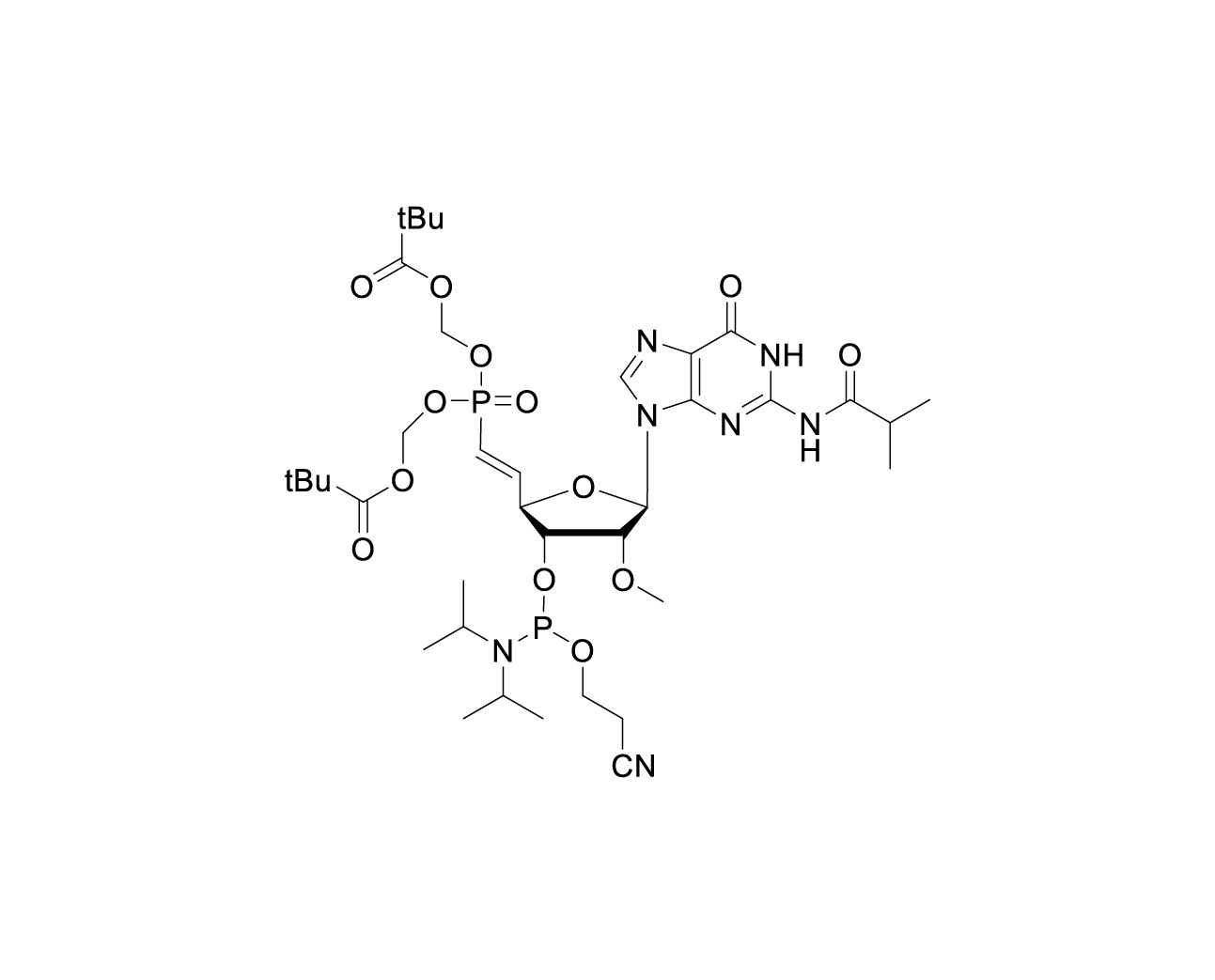 Chemical structure of Bis(POM)-(E)-5'-vinylphosphonate-2'-O-Me-rG(iBu)-3'-CE-Phosphoramidite