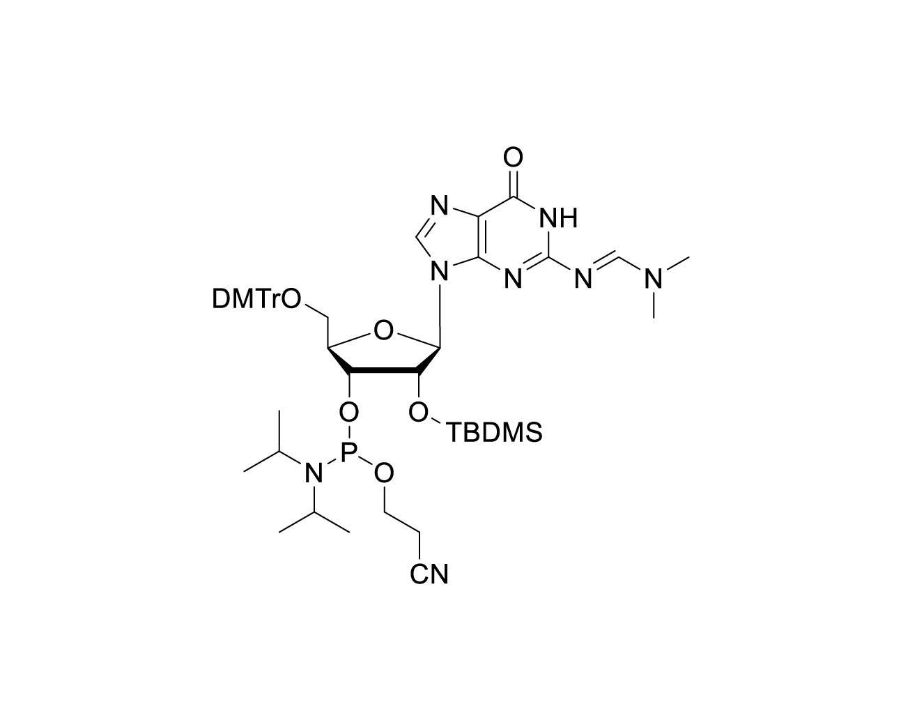 Chemical structure of dmf-protected guanosine RNA phosphoramidite