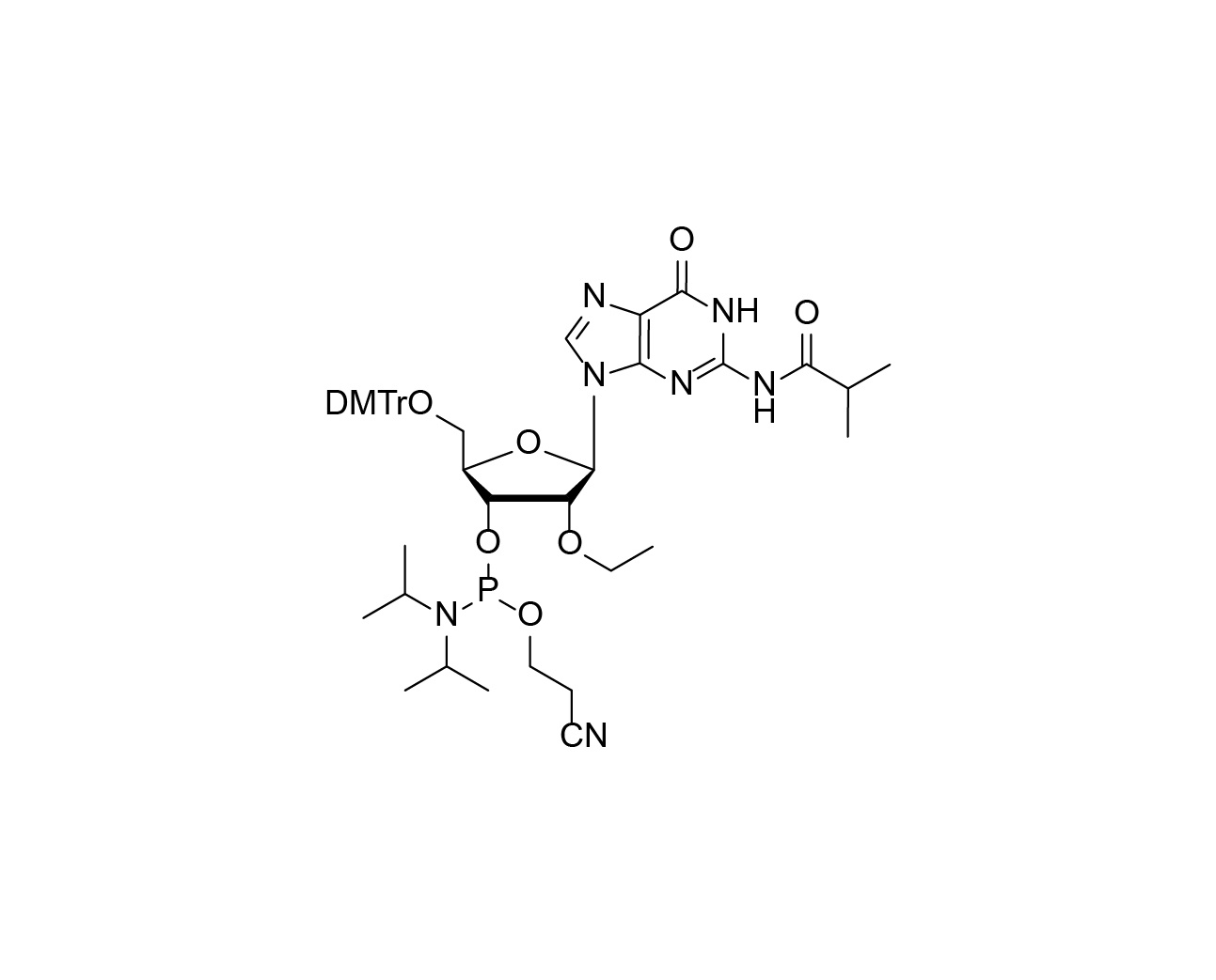 Chemical structure of DMTr-2'-O-Et-rG(iBu)-3'-CE-Phosphoramidite