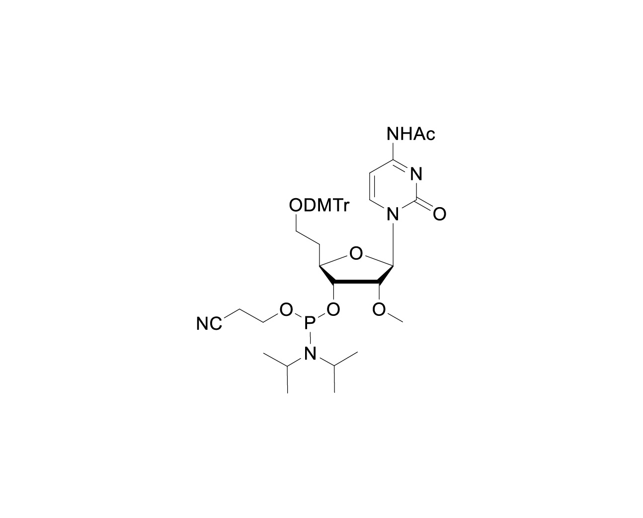 Chemical structure of 6'-O-DMTr-2'-O-Me-5'-Homo-C(Ac)-3'-CE-Phosphoramidite