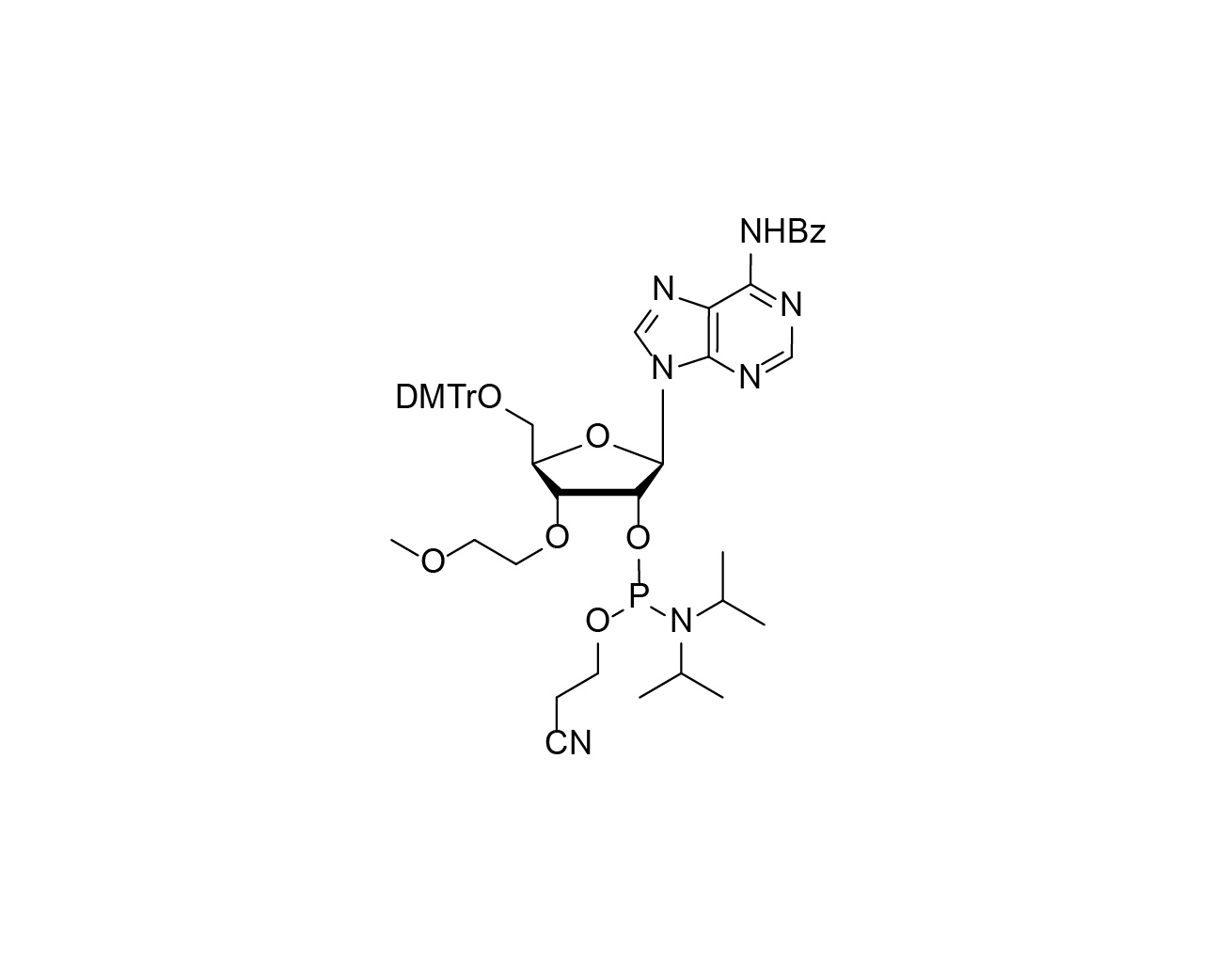 Chemical structure of 3'-O-MOE-A(Bz)-2'-CED-phosphoramidite