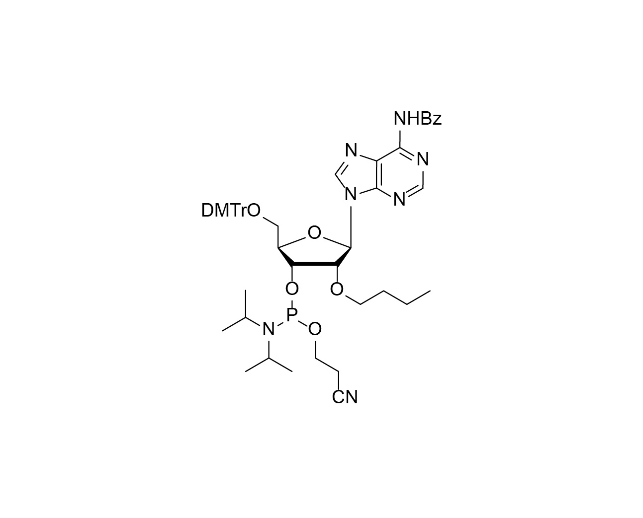 Chemical structure of DMTr-2'-O-Bu-rA(Bz)-3'-CE-Phosphoramidite