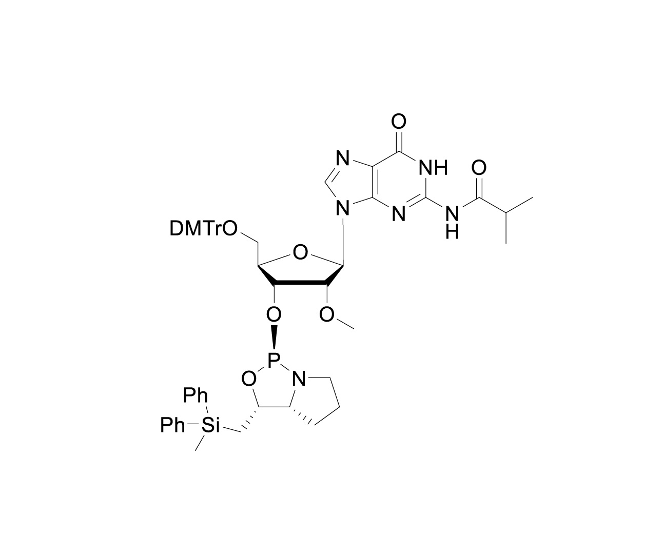 Chemical structure of 5'-O-DMTr-2'-O-Me-N2-isobutyrylguanosine-3'-(D)-DPSE phosphoramidite