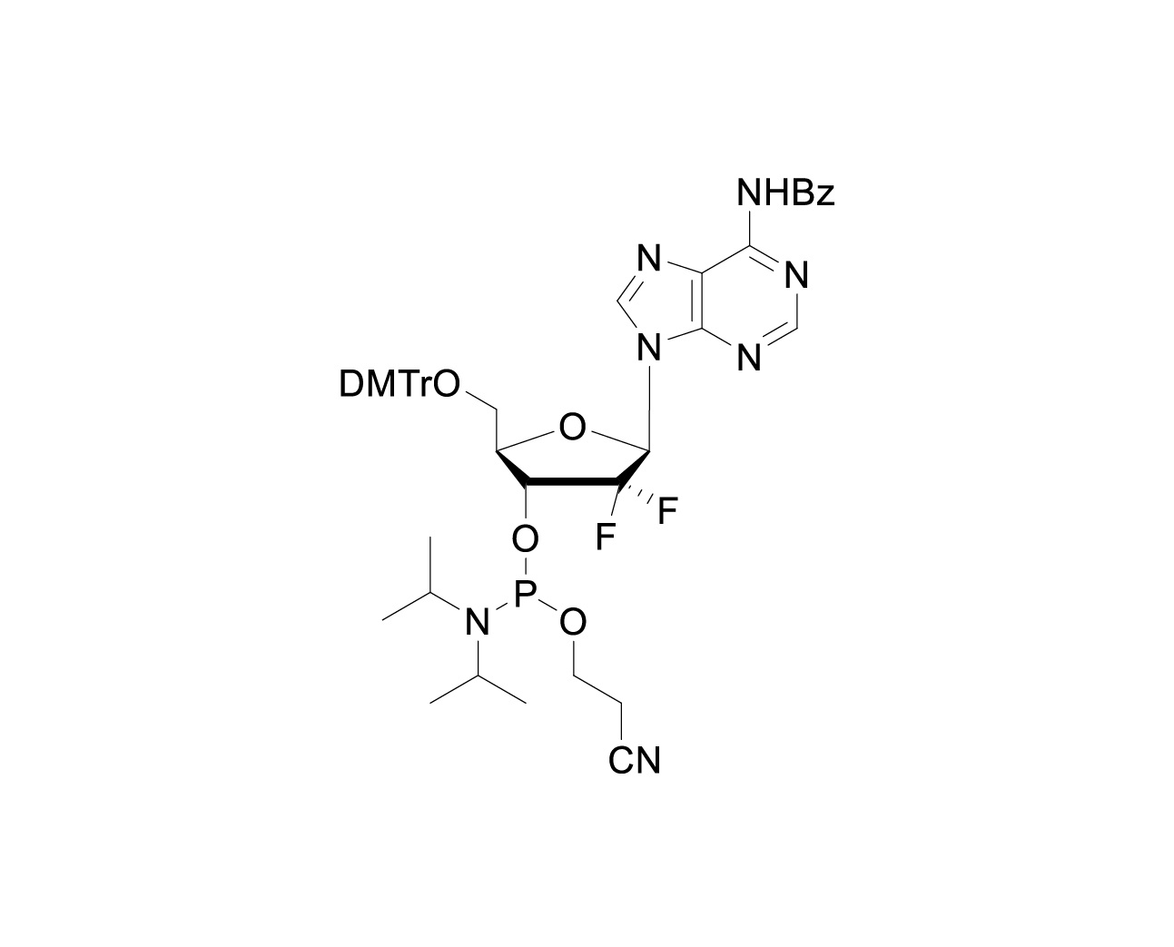 Structure of DMTr-2',2'-diFluoro-dA(Bz)-3'-CE-Phosphoramidite