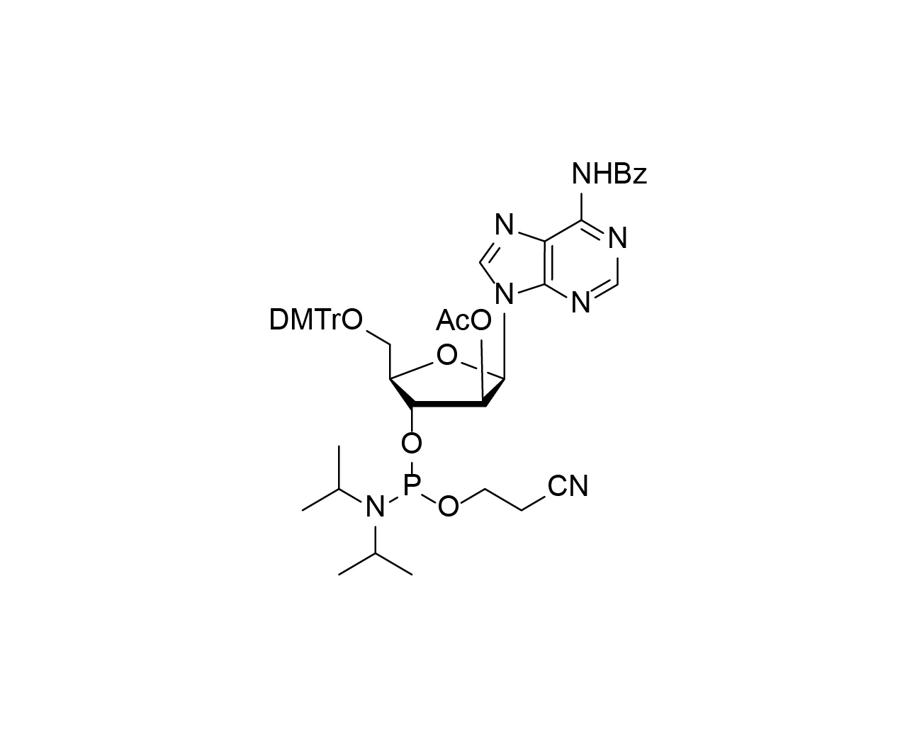Chemical structure of DMTr-2'-ara-OAc-A(Bz)-3'-CE-Phosphoramidite