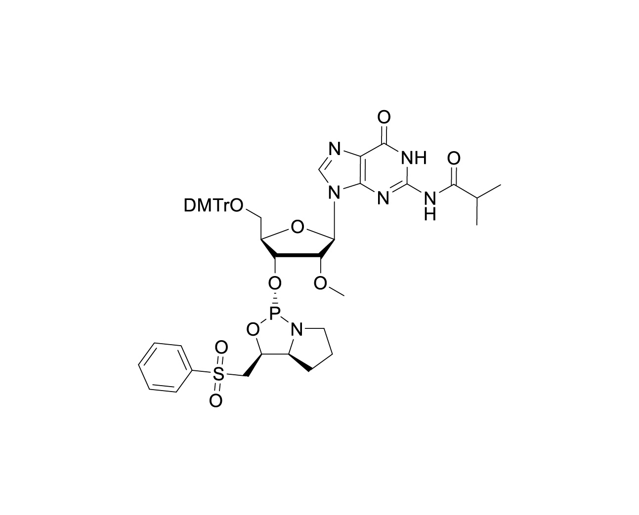 Chemical structure of 5'-O-DMTr-2'-O-Me-N2-isobutyrylguanosine-3'-(L)-PSM phosphoramidite