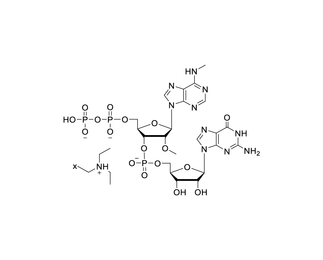 Chemical structure of (2'OMe-5'pp-m6A)pG TEA Salt