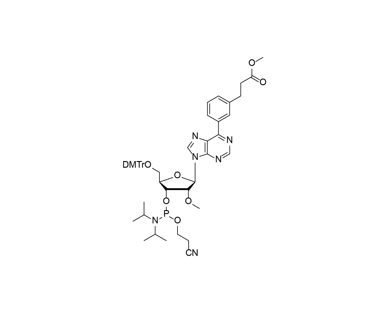 Chemical structure of 5'-O-DMTr-2'-O-Me-6-[3-(3-methoxy-3-oxopropyl)phenyl]purine riboside-3'-CE-Phosphoramidite