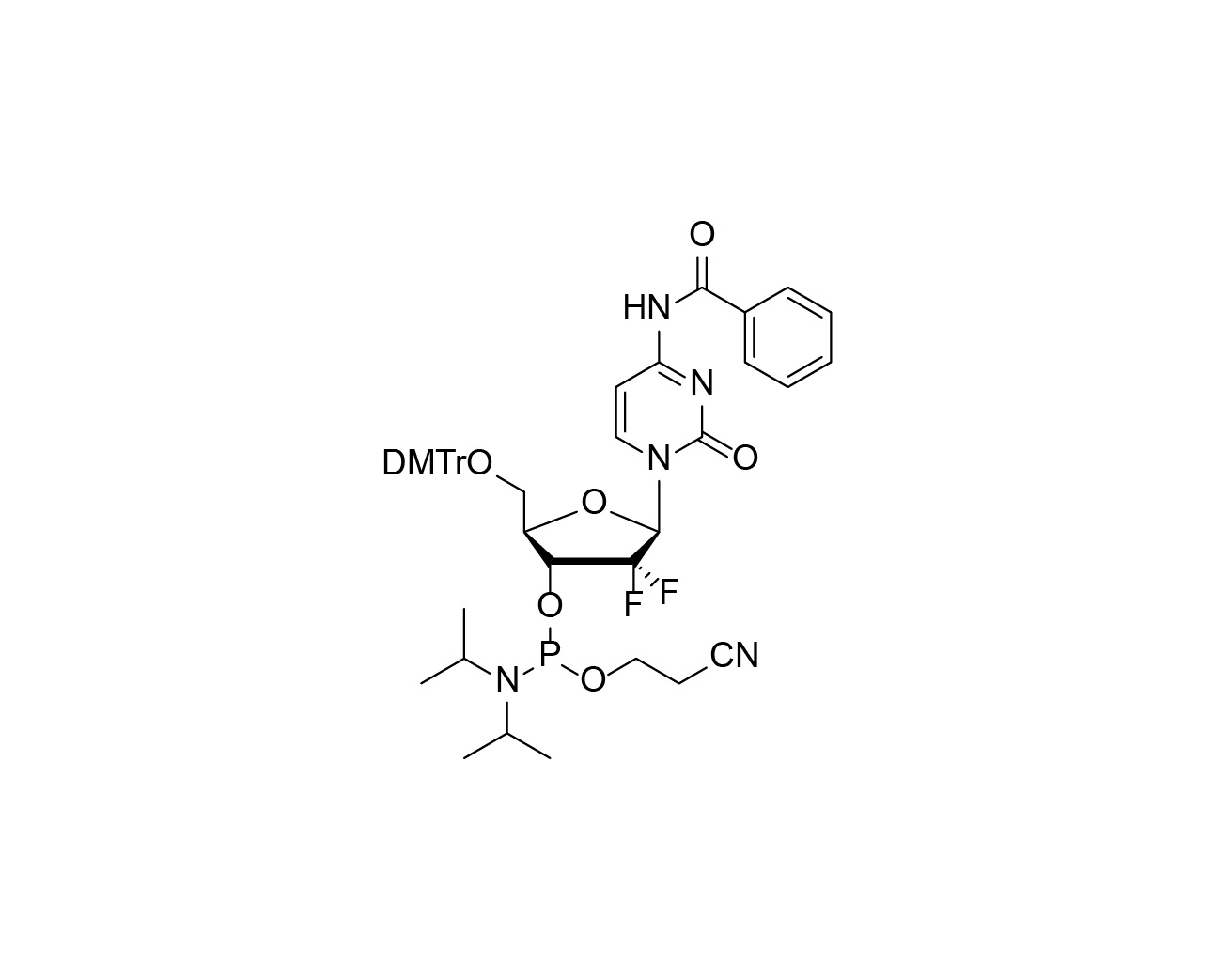 Structure of DMTr-2',2'-diFluoro-dC(Bz)-3'-CE-Phosphoramidite