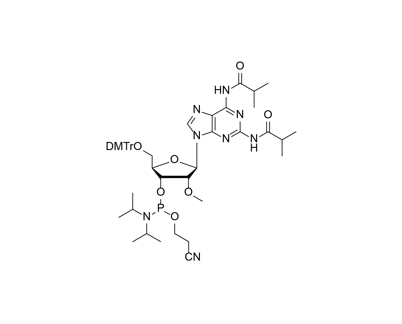 Chemical structure of 5'-O-DMTr-2'-O-Me-N2,N6-bis(isobutyryl)-2-aminoadenosine-3'-CE-Phosphoramidite
