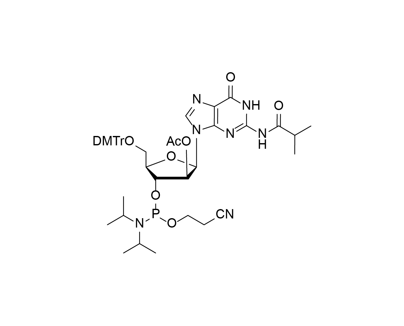 Chemical structure of DMTr-2'-ara-OAc-G(iBu)-3'-CE-Phosphoramidite