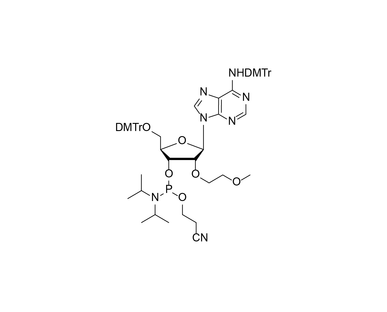 Chemical structure of DMTr-2'-O-MOE-rA(DMTr)-3'-CE-Phosphoramidite