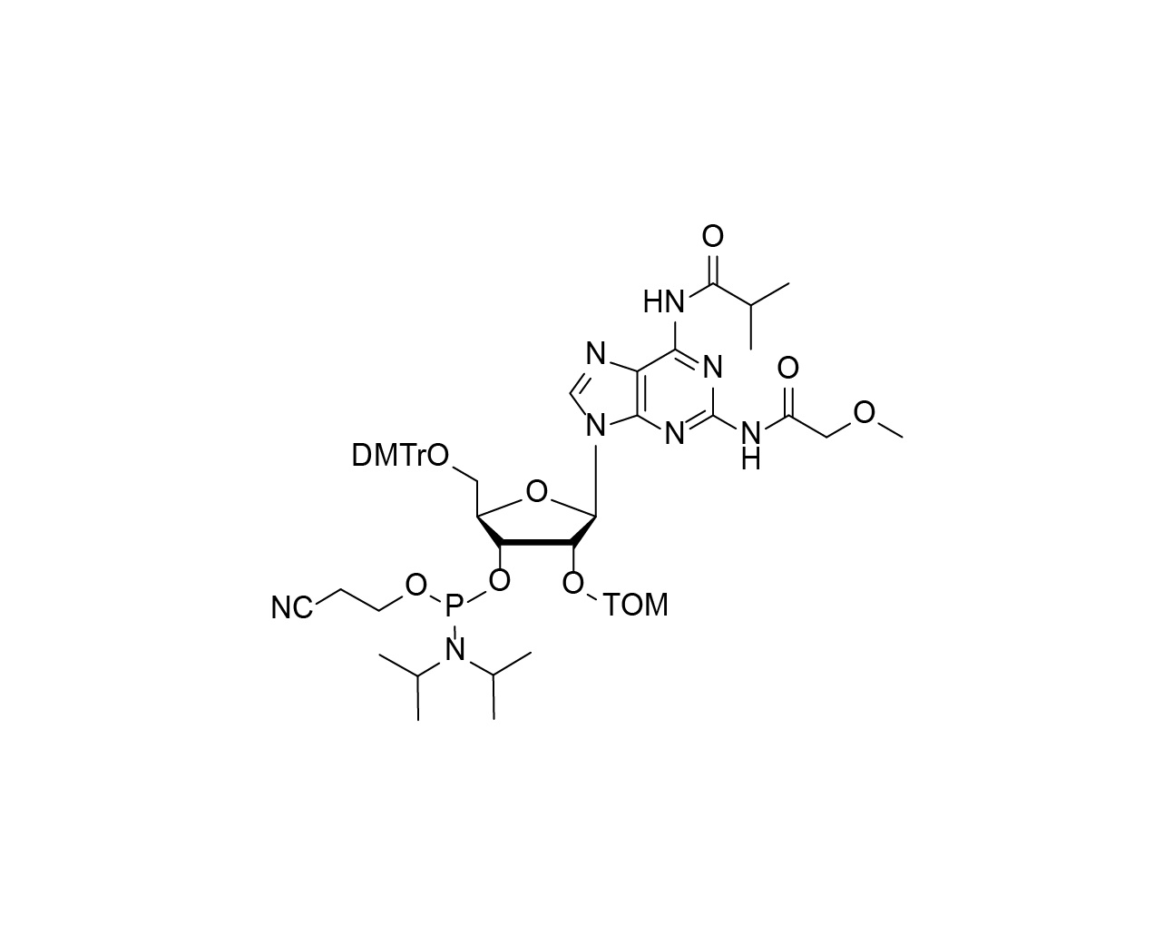 Chemical structure of DMTr-2'-O-TOM-N2-MeOAc-N6-iBu-rA-3'-CE-Phosphoramidite