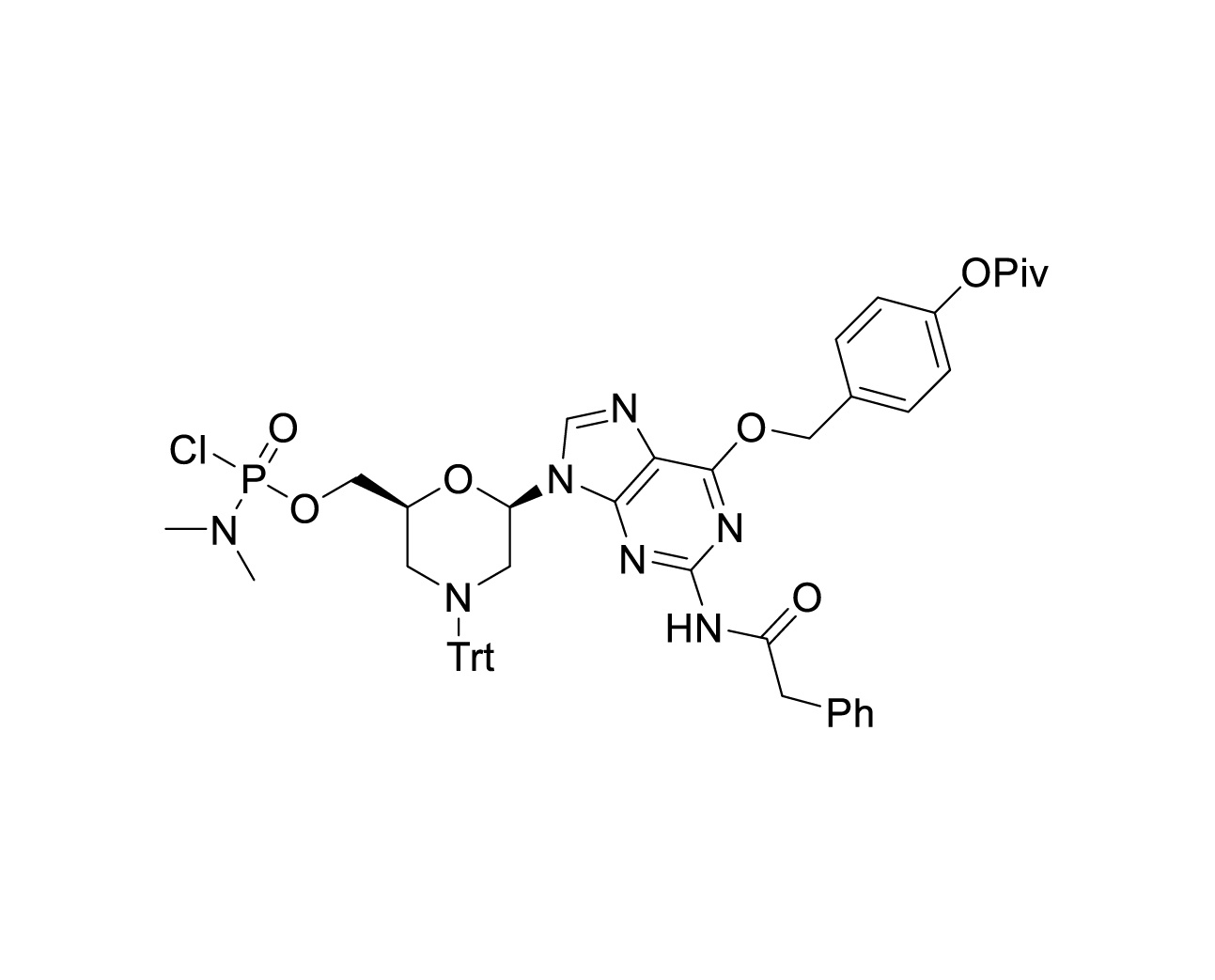 Chemical structure of O6-(p-tolyl pivalate)-N2-PhAc protected guanine PMO monomer
