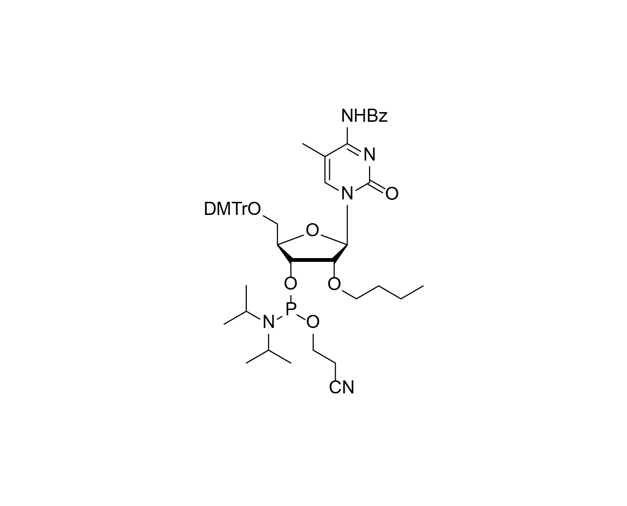 Chemical structure of DMTr-2'-O-Bu-5-Me-rC(Bz)-3'-CE-Phosphoramidite