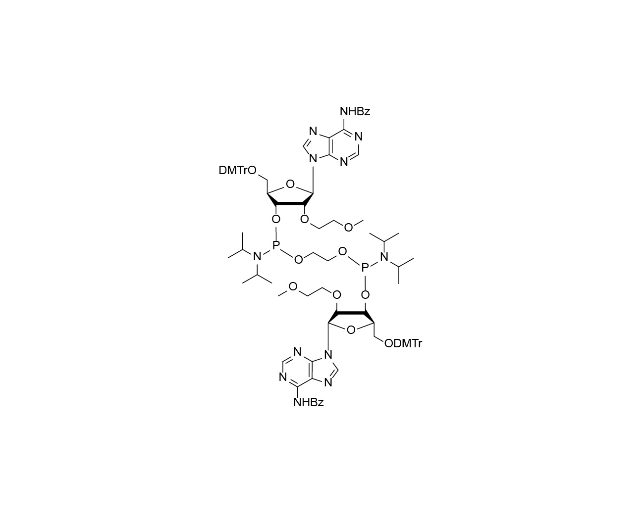 Chemical structure of ethane-1,2-di(5'-O-DMTr-2'-O-MOE-rA(Bz)-3'-oxy)-bis(diisopropylphosphoramidite)