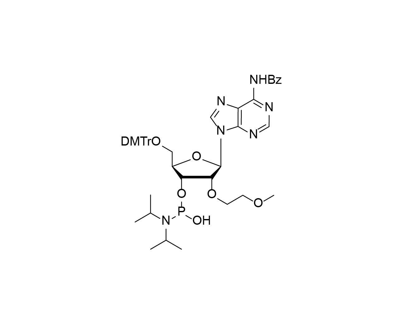 Chemical structure of DMTr-2'-O-MOE-rA(Bz)-3'-(1-hydroxy-N,N-diisopropyl)phosphoramidite